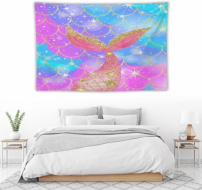HZOHNAGO Mermaid Scales Tapestry Colorful Shiny Scales Mermaid Tail Pattern Printed Wall Tapestry Wall Hanging for Bedroom Living Room Dorm 90" W x 60" H-Ruum Studio Home