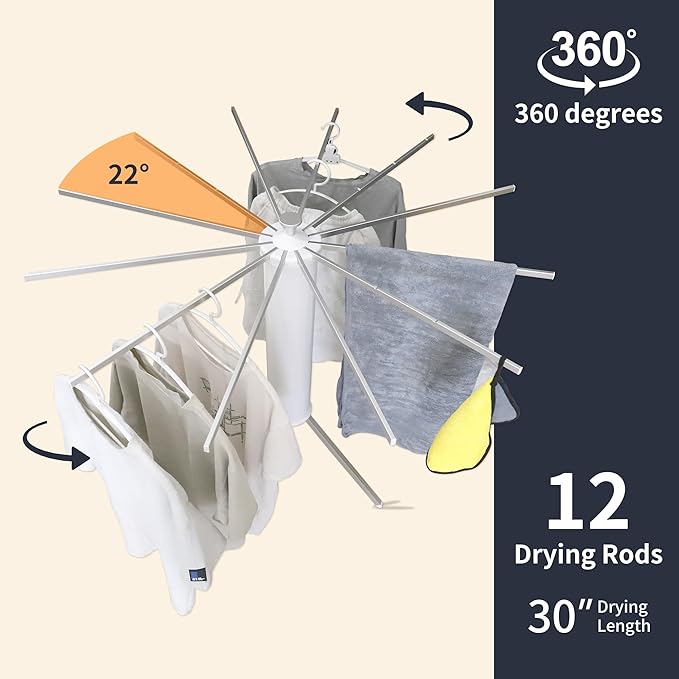 Clothes Drying Rack Tripod, Portable & Foldable Laundry Hanger Dryer - Aluminum, 12 Rods-Ruum Studio Home