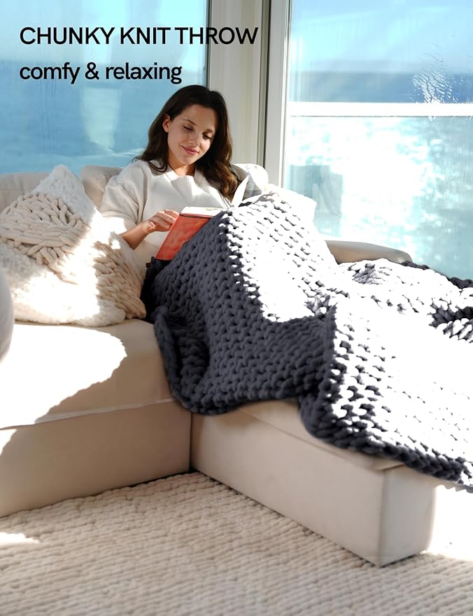 YnM Chunky Throw Blanket, Medium-Weight, Hand Knitted with Chenille Yarn, Skin Friendly, Ventilated and Breathable, Machine Washable, Home Décor Piece for Couch, Sofa and Bed (Lava Grey, 60x80 Inch)-Ruum Studio Home