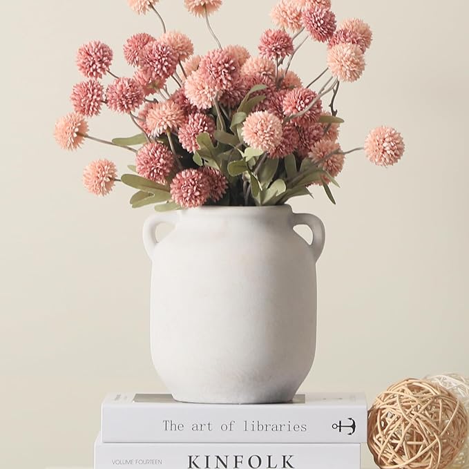 Ceramic Flower Vase Home Decor - 7.6 Inch Farmhouse Rustic White Table Vases with Handle Living Room Decoration Decorative Vintage Pottery for Kitchen Shelf Coffee Dining Desk Bookshelf Fireplace-Ruum Studio Home