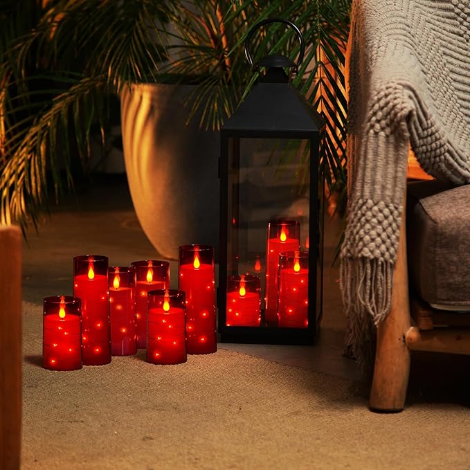 Homemory 9 Pcs Flameless Candles with Embedded Star String Fairy Lights, Battery Operated Candles, LED Candle, Fake Candles with Remote Control and Timer (Red)-Ruum Studio Home