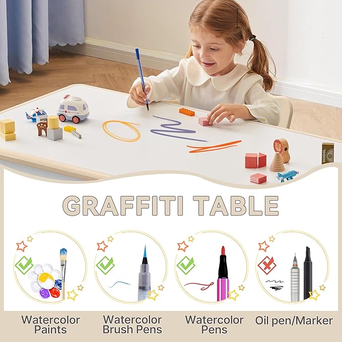 Kids Study Table and Chairs Set, Height Adjustable Toddler Table and Chair Set for Kids Ages 3-8, Graffiti Desktop (Burlywood - 1)-Ruum Studio Home