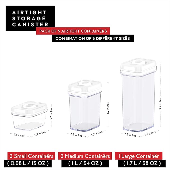 DWËLLZA KITCHEN Airtight Food Storage Containers with Lids - 5 Piece Set - Kitchen Accessories - Pantry Organization and Storage Containers for Food - Clear BPA-Free - Keeps Food Fresh & Dry-Ruum Studio Home