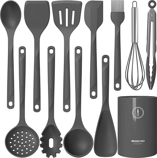 Silicone Cooking Utensils Set - 600°F Heat Resistant, Nonstick Kitchen Utensil Set with Spatulas, Spoons, Whisk, Tongs, BPA Free, Dishwasher Safe (Gray)-Ruum Studio Home