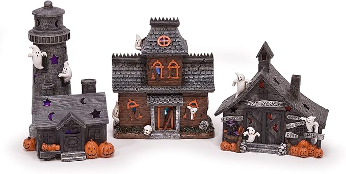 Mark Feldstein & Associates Spooky Halloween Color Changing Pre-Lit LED Haunted House Village Set, 8 Inch, Set of 3-Ruum Studio Home