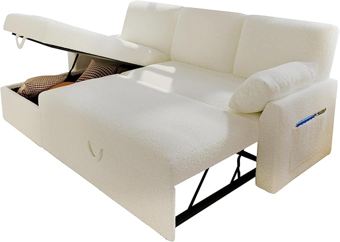 VanAcc Sofa Bed, Sleeper Sofa- 2 in 1 Pull Out Couch Bed with Storage Chaise for Living Room, White Sherpa 84in x 59in x 39in-Ruum Studio Home