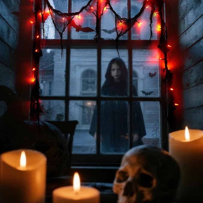 Halloween Horror Atmosphere Lights, Orange&Purple LED String Lights with 9.9FT Creepy Black Gauze, Battery Powered with Timer & 8 Flashing Modes (Red)-Ruum Studio Home