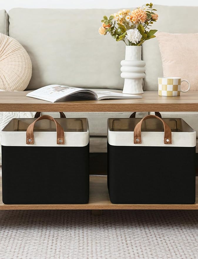 StorageWorks Storage Bins, Fabric Storage Bins for Shelves, Large Storage Baskets with Metal Frame, Closet Baskets and Bins with Handles, Black and White, 2-Pack-Ruum Studio Home