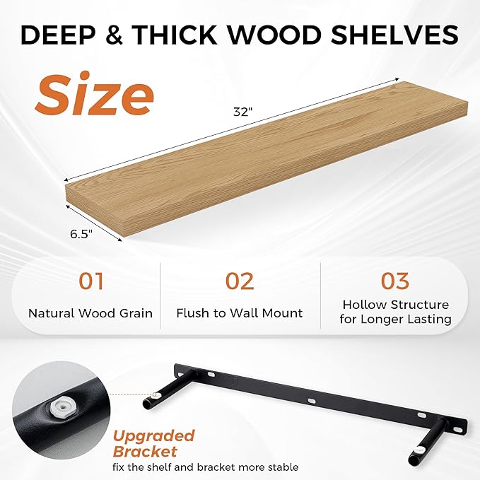 Fun Memories Floating Shelves for Wall, 32" Rustic Wood Deep Wall Mounted Shelves with Invisible Brackets for Decor & Storage, Floating Shelf for Living Room, Bathroom (Oak, Set of 2)-Ruum Studio Home