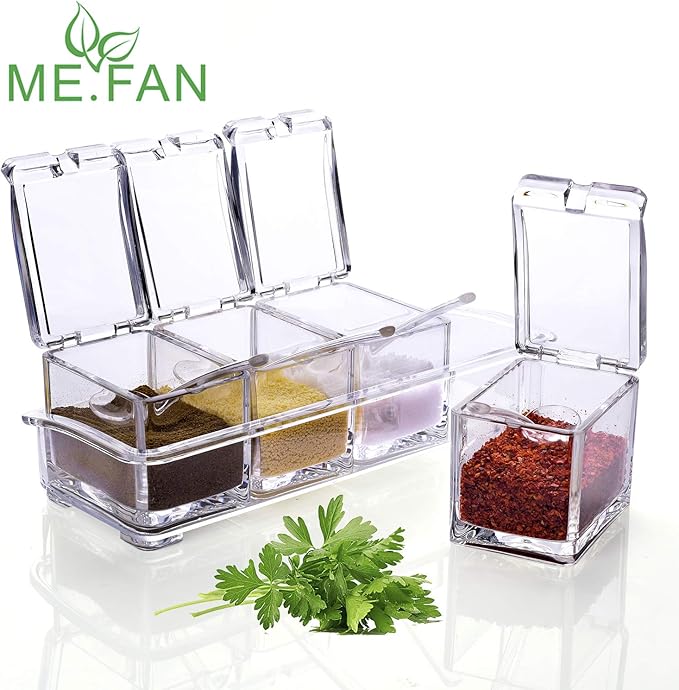 ME.FAN Clear Seasoning Rack Spice Pots - 4 Piece Acrylic Seasoning Box - Storage Container Condiment Jars - Cruet with Cover and Spoon-Ruum Studio Home