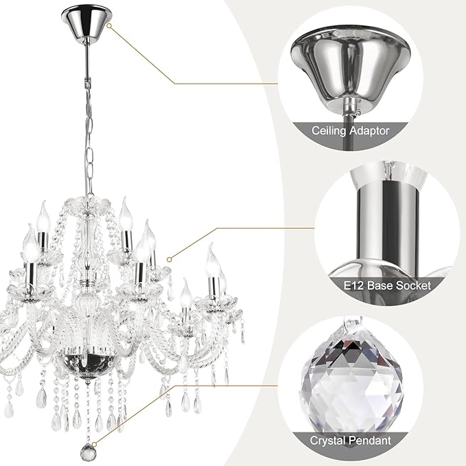 Modern Elegant 8 Lights K9 Crystal Glass Chandelier Pendant Ceiling Lighting European Style for Dining Living Room Bedroom Transparent, 8 E12 Bulbs Required-Ruum Studio Home