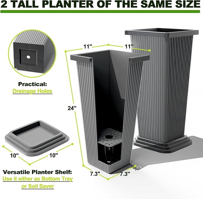 FENCY Set of 2 Tall Planters for Outdoor Plants, 24 Inch Large Tapered Pots with Drainage Trays, Weather-Resistant Plastic Plant Containers for Patio, Porch, Garden, Front Door Decor,Gray,Striped-Ruum Studio Home