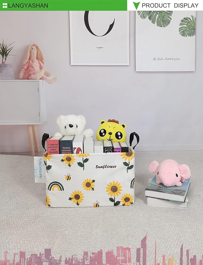 LANGYASHAN Rectangular Storage Bin Collapse Canvas Fabric Cartoon Storage Basket with Handles for Organizing Home Kitchen Boys and Girls Toys Office Closet Shelf Baskets(Rec Sunflower)-Ruum Studio Home