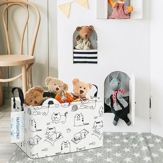 LANGYASHAN Rectangular Storage Bin Collapse Canvas Fabric Cartoon Storage Basket with Handles for Organizing Home Kitchen Boys and Girls Toys Office Closet Shelf Baskets (Rec Cat)-Ruum Studio Home