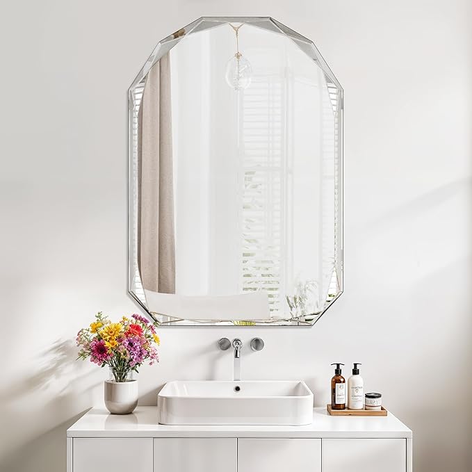 Bathroom Mirror for Wall, 20" x 30" Arched Mirror, Bathroom Vanity Mirrors, Beveled Edge Frameless Wall Mount Vanity Mirror, Wall Mirror Decorative, Irregular Beveled Edge Mirror-Ruum Studio Home