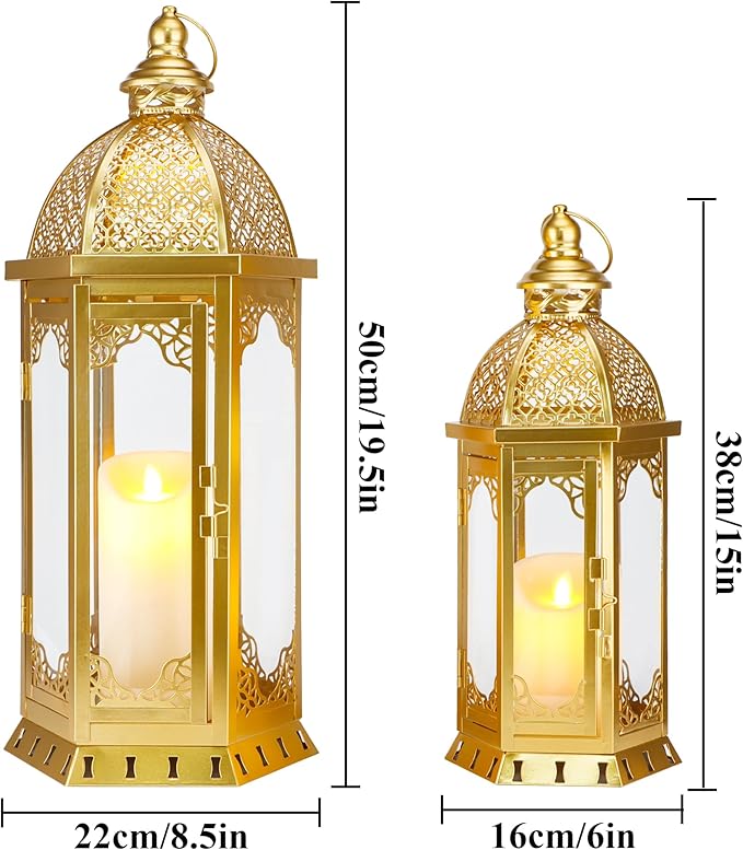 JHY DESIGN Set of 2 Outdoor Candle Lanterns 22"&17" H Decorative Vintage Metal Candle Holders for Garden Porch Indoor Outdoor Parties Weddings Patio Home Decor(Gold)-Ruum Studio Home
