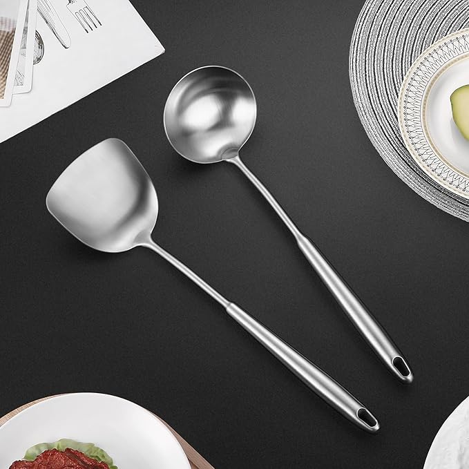 14-15" Wok Spatula and Ladle,2 PCS Wok Tools Set,304 Stainlss Steel Cooking Utensils,Matte Wok Accessories,Solid Wok Utensils-Ruum Studio Home