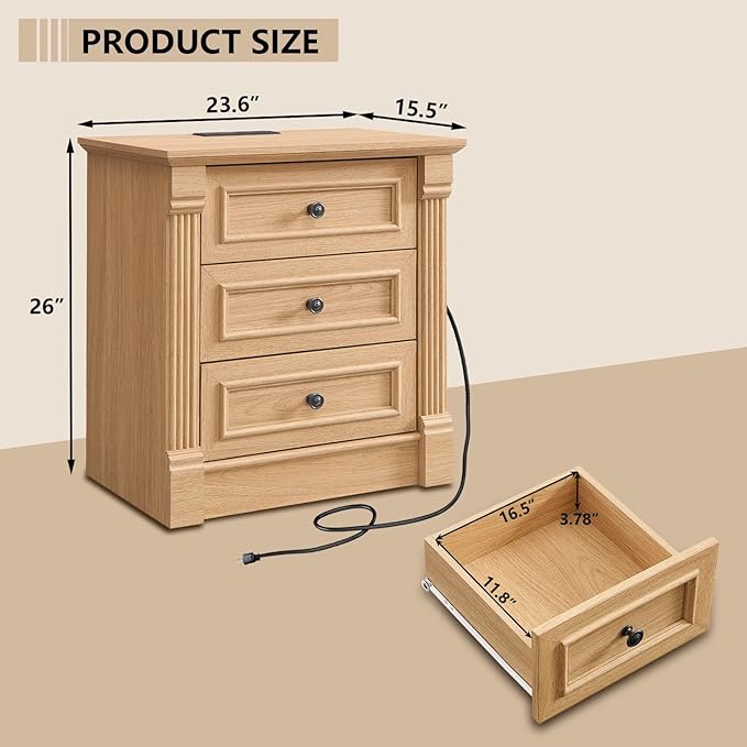 26" Tall Farmhouse Nightstand Set of 2, 3 Drawers End Table w/Charging Station, 23.6" Wide Large Side Table w/Roman Column, Wood Rustic Sofa Table for Bedroom, Natrual-Ruum Studio Home