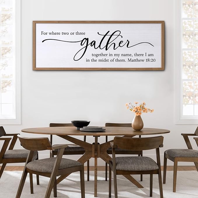 For Where Two Or Three Gather Sign Dining Room kitchen Wall Decor Bible Verse Scripture Matthew 18:20 Wooden Frame 32X12 Inch for Christian Family Hanging Art (Wood)-Ruum Studio Home
