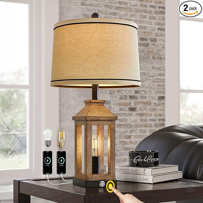 23.75" Farmhouse Table Lamps USB A+C Charging Ports 3-Way Dimmable Touch Control Lamp Nightlight Vintage Modern Lamp for Living Room Bedroom with 2 Light Sources-Ruum Studio Home