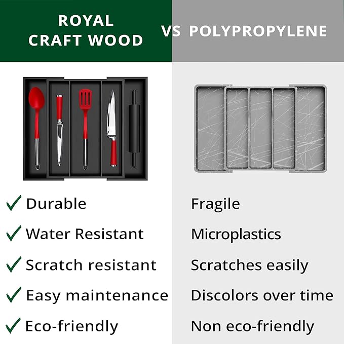 ROYAL CRAFT WOOD Luxury Bamboo Kitchen Drawer Organizer - Silverware Organizer - Utensil Holder and Cutlery Tray with Grooved Drawer Dividers for Flatware and Kitchen Utensils (5 Slot, Black)-Ruum Studio Home