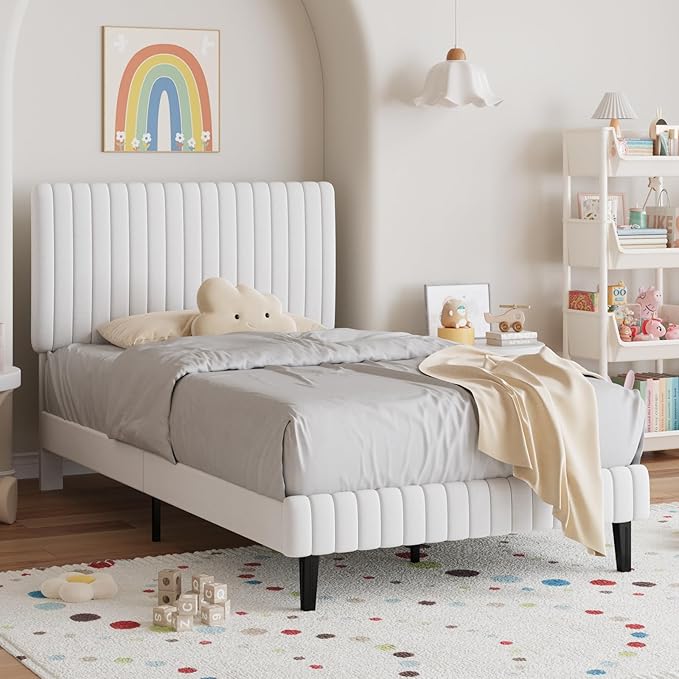 Twin Bed Frame, Velvet Upholstered Platform Bed with Vertical Channel Tufted Headboard and Footboard, No Box Spring Required, Easy Assembly, White-Ruum Studio Home