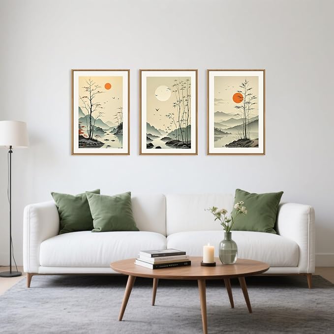 Celestdeco Chinoiserie Bamboo Forest Framed Canvas Wall Art Set, Nature Tree Lakes Wall Decor, Minimalist Zen Landscape Wall Painting, Watercolor Art Prints for Living Room, Bedroom, Office 24"X36"X3-Ruum Studio Home