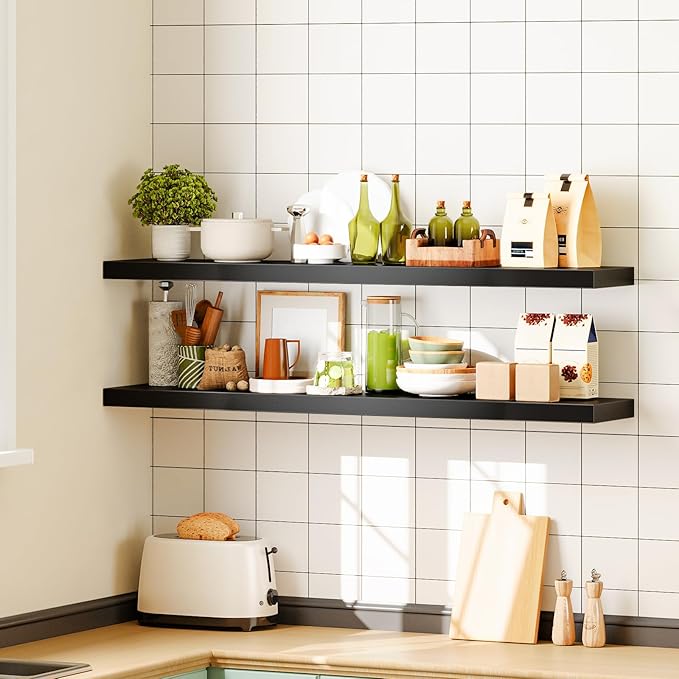 HOOBRO Floating Shelves for Wall, Wall Mounted Shelf Set of 2, 47.2" Hanging Shelf with Invisible Brackets, for Wall in Bathroom, Bedroom, Toilet, Kitchen, Living Room, Office, Black BK120BJP201-Ruum Studio Home