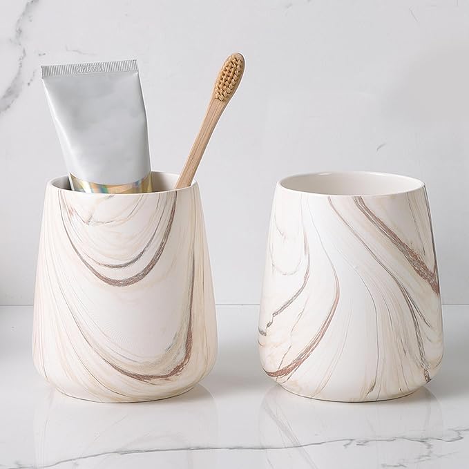 2Pcs Toothbrush Holder for Bathroom - Marble Brown Ceramic Tooth Brushing Holders Set, Toothbrush Cup & Toothpaste Organizer for Bathroom Countertop, Makeup Brush Holder, Pen Holder for Home Storage-Ruum Studio Home