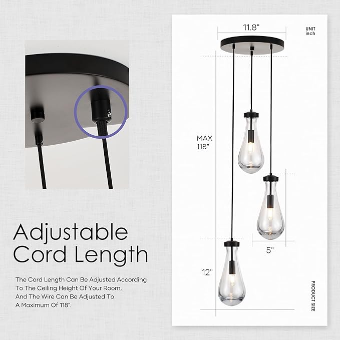 3-Light Raindrop Pendant Light Fixtures, Black Glass Pendant Lighting, Teardrops Modern Hanging Light for Entryway Foyer Kitchen Island Dining Living Room Hallway-Ruum Studio Home