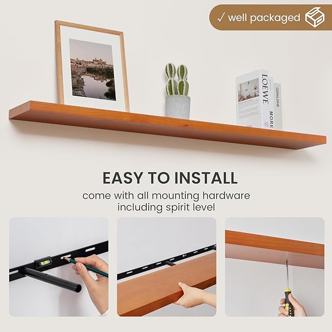 Fun Memories 55 Inches Floating Shelves - 8 Inch Deep Rustic Solid Pine Wood Wall Shelves for Storage - Farmhouse Wall Mounted for Living Room - Heavy-Duty Metal Bracket - 55" W x 8" D - Honey-Ruum Studio Home