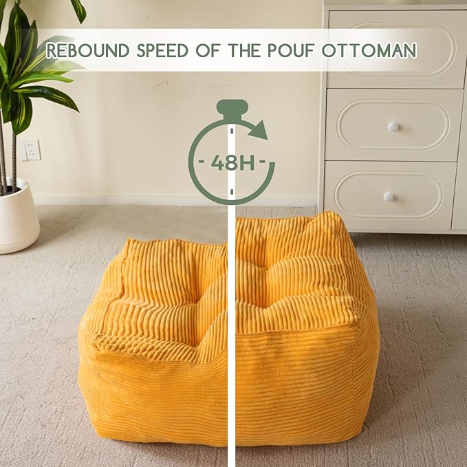 HIGOGOGO Square Stuffed Pouf Ottoman, Corduroy Poufs with Foam Chunk Filling, Furry and Fluffy Pouf Foot Stool Storage Ottoman, 25.6 X 25.6 Floor Poufs Foot Rest for Living Room, Orange-Ruum Studio Home