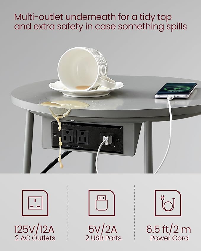 VASAGLE Side Table with Charging Station, Round End Table with Fabric Basket, Nightstand with Power Outlets, USB Ports, for Living Room, Bedroom, Modern, Dove Gray and Slate Gray ULET228G01-Ruum Studio Home