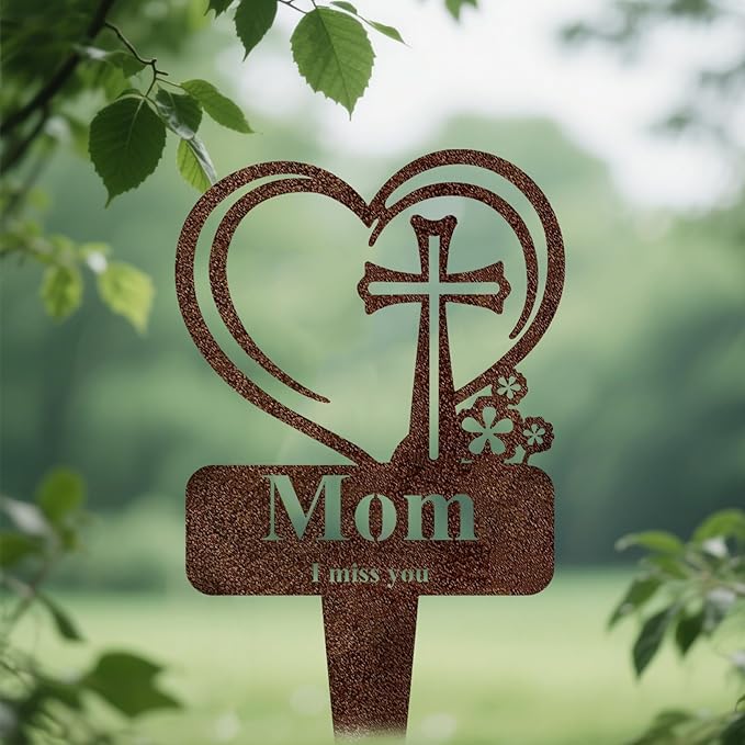 Mom Memorial Grave Stake, Cemetery Decorations for Grave Markers 12.5 x 7.2 inch Heart Metal Sympathy Stakes Graveside Plaque Decor Sign for Mother Graves, Yard, Garden - Rust-Mom-Ruum Studio Home