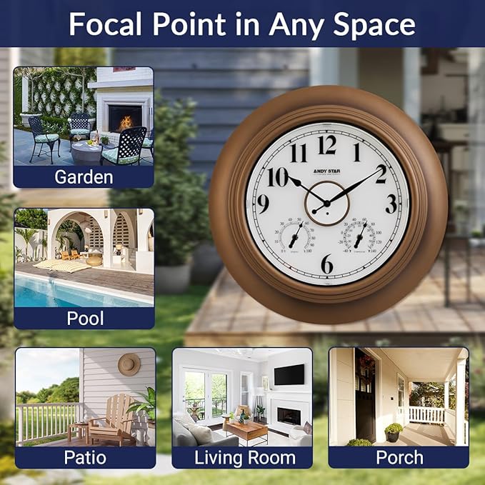 Andy Star 21 Inch Large Luminous Outdoor Wall Clock Waterproof with Temperature, Vintage Round Wall Clocks Battery, Oversized Pool Clock for Garden Patio Rustic Bronze Finish Silent Non Ticking Clock-Ruum Studio Home