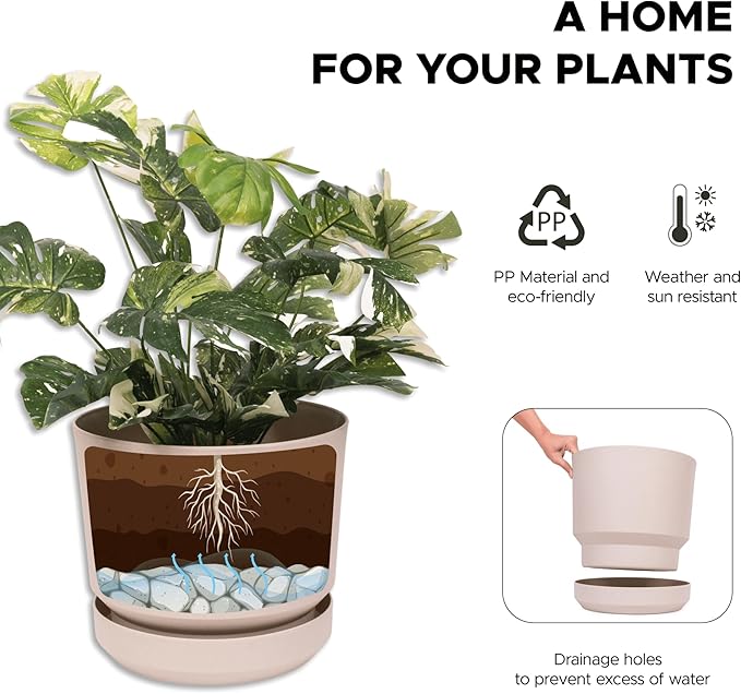 Elly Décor 14 inch Plastic Cylinder Planter Pot with Self-Watering Saucer and Drainage Hole,Lightweight & Extremely Durable, 14"x 14", Ivory-Ruum Studio Home