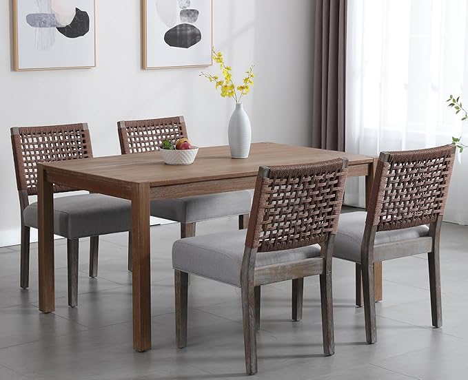 Kmax Farmhouse Dining Chairs Set of 2, Rustic Kitchen Chairs with Linen Fabric Seat and Woven Back, Vintage Accent Chairs for Dining Room, Living Room, Grey-Ruum Studio Home