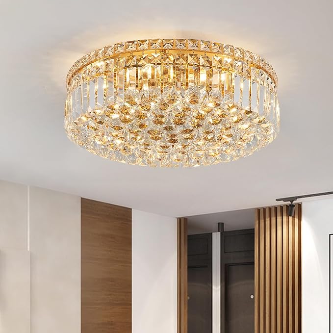 6-Lights Gold Crystal Flush Mount Chandelier Light Fixture K9 Crystals Modern Ceiling Lights Elegant Pendant Lamp for Bedroom,Hallway,Bar,Living Room,Dining Room,H5.9 xW20 (Bulbs Not Included)-Ruum Studio Home