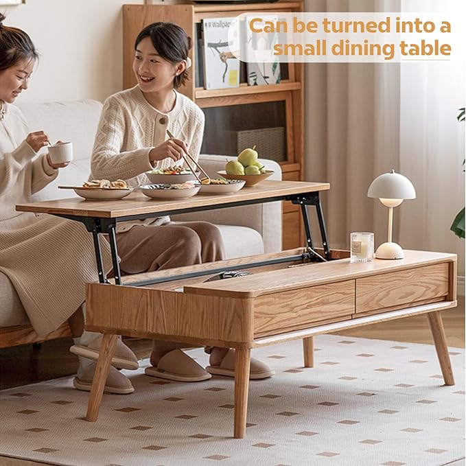 100% Solid Wood Lift Top Coffee Table for Living Room, Mid Century Modern Tables with Drawers and Large Storage, Oak Coffee Tables for Small Spaces (Oak Wood Log, 47.24" W x 23.62" D x 25.59" H)-Ruum Studio Home