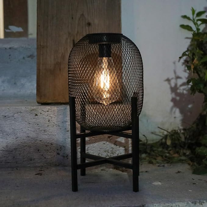 Solar Mesh Lantern Outdoor – 13.8" Tall Black Metal Patio Light with Edison Glass Bulb, Solar Powered Warm Glow LED, Waterproof IP65 for Garden, Porch, Deck, Tabletop Decor-Ruum Studio Home