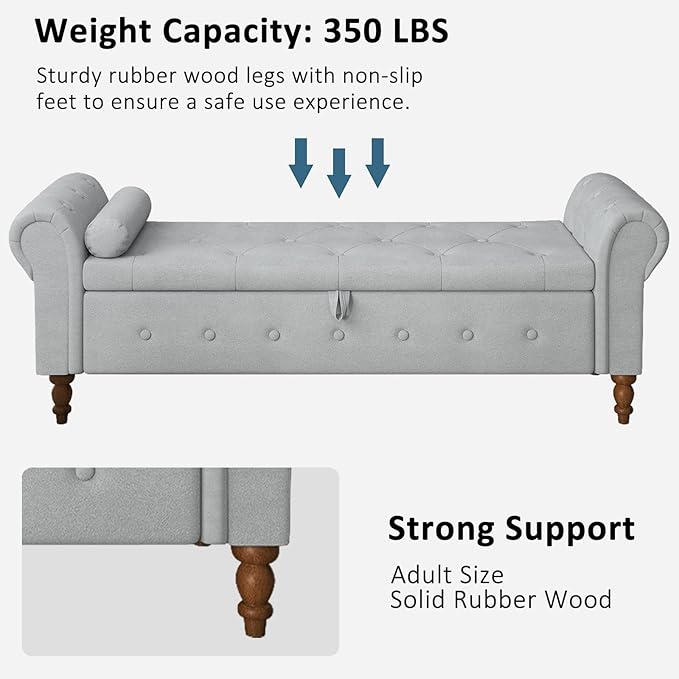 Storage Ottoman Bench for Bedroom, 63" End of Bed Bench with Rolled Arms Upholstered Ottoman Bench Fit for Bedroom, Living Room, Entryway, Velvet Light Gray-Ruum Studio Home