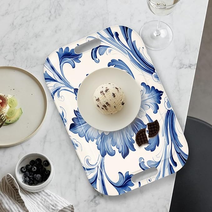 Serving Trays with Handles, 14.5 x 9.8 inch Rectangular Plastic Tray for Restaurant, Kitchen, Blue and White Pattern-Ruum Studio Home