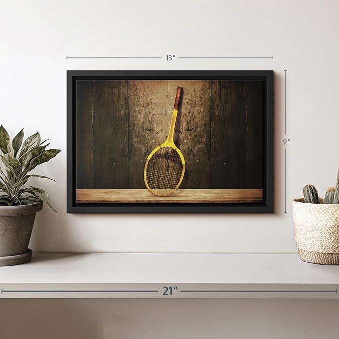 ElephantStock Vintage Tennis Racket Wall Art - Horizontal Framed Canvas - 1-Piece Living Room Wall Decor - Photography Sports Canvas Print - Brown and Black Decor for Wall - 13" X 9"-Ruum Studio Home