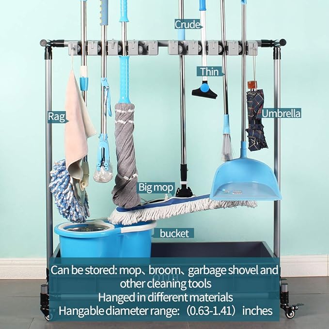 broom and mop holder put wet mops movable Commercial mop rack cleaning tool cart storage for garden garage organizer mop drain rack-Ruum Studio Home