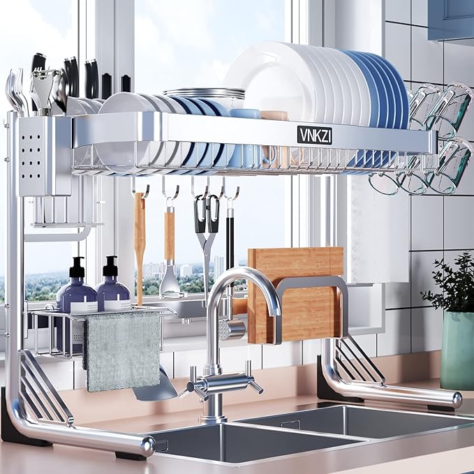 VNKZI Over Sink Dish Drying Rack, 2 Tier Full Stainless Steel Storage Adjustable Length (25.98'' to 36.61'') Kitchen Rack, Multifunctional Expandable Counter Organizer, Space Saver Dish Rack-Ruum Studio Home
