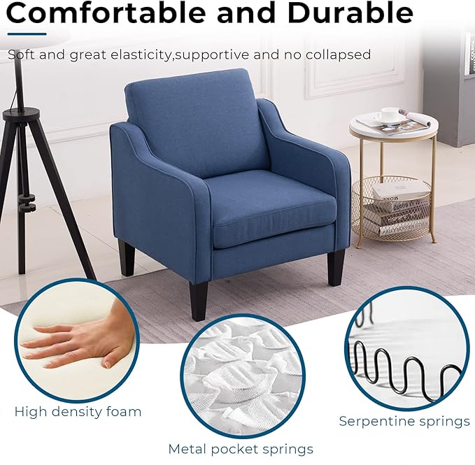 VINGLI Mid Century Modern Accent Chair, Navy Blue Fabric Accent Chairs for Living Room, Upholstered Armchair with Scooped Arms for Bedroom, Apartment, Studio, Office, Waiting Room-Ruum Studio Home