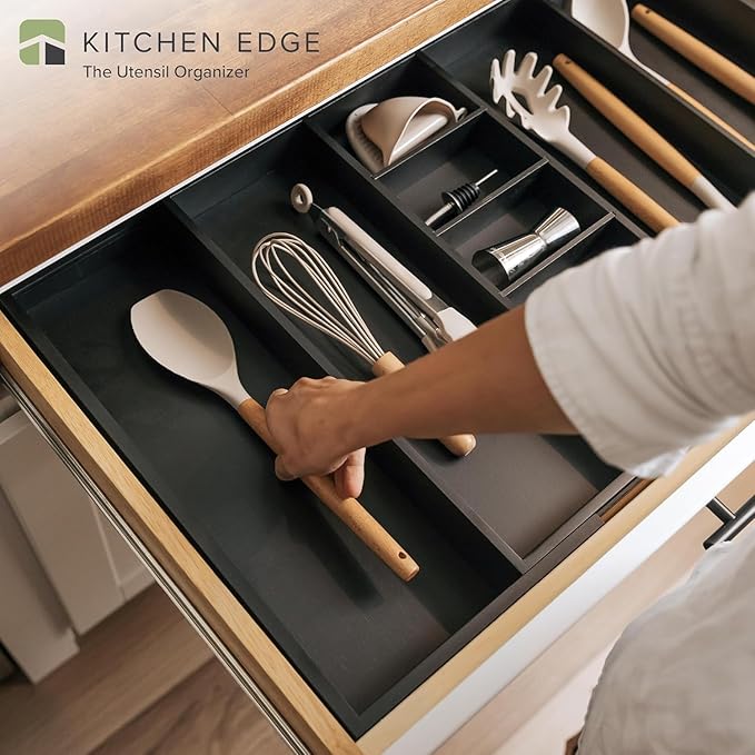 Adjustable Kitchen Drawer Organizer for Utensils and Junk, Food-Safe Contract Grade with 100% Sustainable Wood, Expandable from 19 to 33 Inches Wide - Black Bamboo-Ruum Studio Home