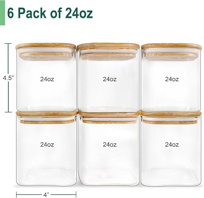 Urban Green Glass Jars with Airtight Lids, Airtight Glass Canisters with Locking Lids, (Bamboo-6P-24oz)-Ruum Studio Home