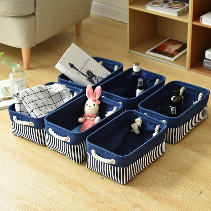 TcaFmac Small Storage Baskets [6 Pack] - Navy Blue Rectangular Storage Bins with Blue Stripes-Ruum Studio Home
