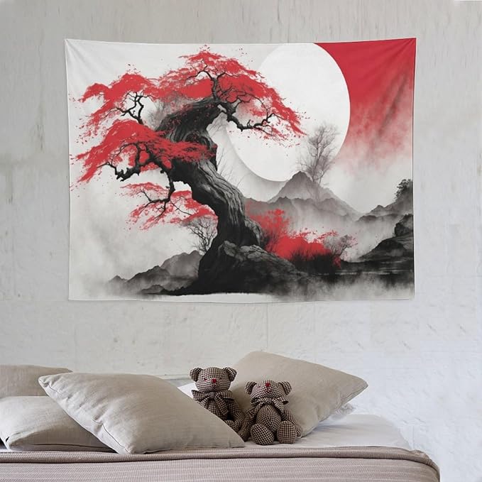 Cherry Blossoms Tapestry, Japanese Red Landscape Asian Abstract Art, Bedroom Living Room Decor 40"x30"-Ruum Studio Home